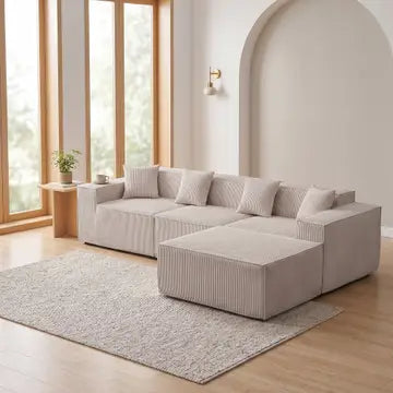 Divano angolare modulabile 279 cm, trasformabile in letto, tessuto a coste beige, comfort premium SILVERSHORE minimo 2 pz