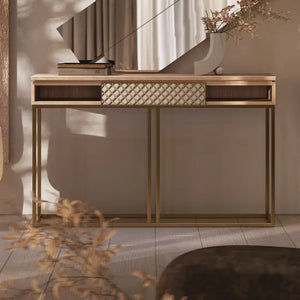 Consolle Emerald in legno di rovere con piedi in ferro e cassetto laccato