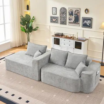 Divano angolare XXL modulare a forma di L 264cm in ciniglia grigio chiaro, profondo, senza montaggio, comfort morbido DECENTRA