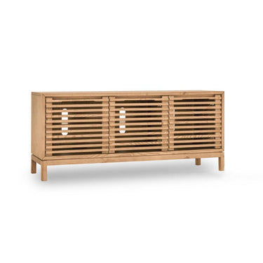 Console multimediale in legno cenere a tre porte con tanner in lino