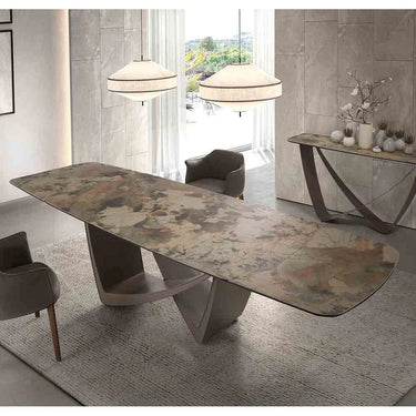 Tavolo da pranzo allungabile ovale a botte in marmo porcellanato e acciaio metallizzato taupe