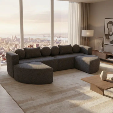 Divano panoramico modulabile con funzione letto, in chenille beige o nera, senza montaggio 292x165x68 cm FLAREZORA