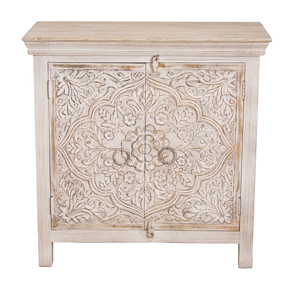 HALLWAY CABINET IN MANGO WOOD 2 CARVED DOORS WHITE DECA LL68361 (8472)