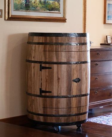 Mobile Bar a Forma di Botte in Legno Massello – Stile Rustico e Vintage – 61x61xh89 cm