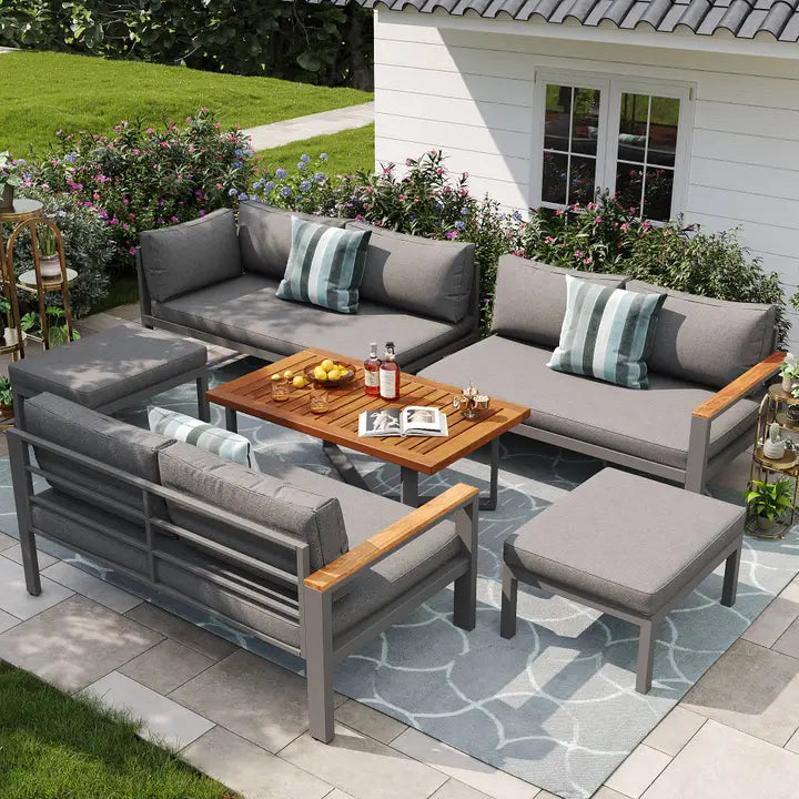 Set da giardino modulare per 7-8 persone + tavolino effetto legno e 2 sgabelli grigi KUN