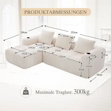 Divano angolare modulare a 3 posti in velluto a coste bianco sporco - comfort premium, tasche laterali e portabicchieri ECLIPSEBAND