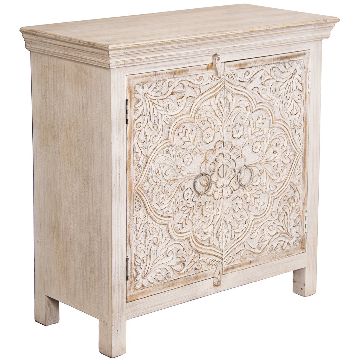 HALLWAY CABINET IN MANGO WOOD 2 CARVED DOORS WHITE DECA LL68361 (8472)