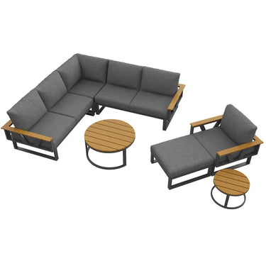 Salotto da giardino 6-7 persone modulabile da esterno grigio/beige, 2 tavolini bassi nidificabili rotondi effetto legno, cuscini 9 cm QUASARAPEX