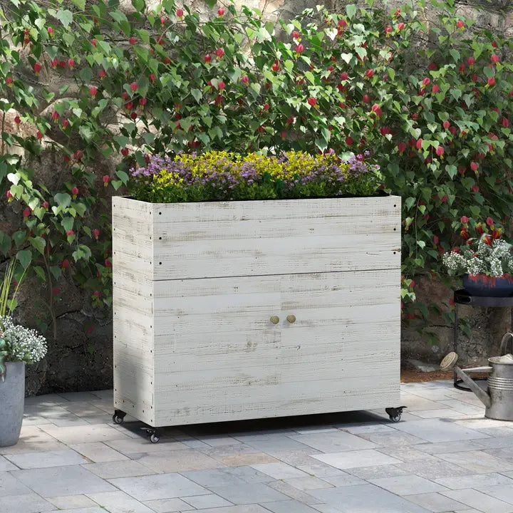 Aiuola rialzata con ruote, scomparto armadio, rivestimento interno, bianco