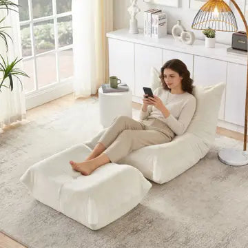 Poltrona Lazy in peluche teddy beige o grigio con poggiapiedi, schiuma ad alta densità VERTEXVALTHYNOR