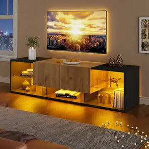 Mobile TV effetto legno e nero con illuminazione LED, piano in vetro 160x40x42cm CYCLOID