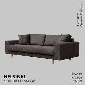 Divano 4 posti/letto singolo HELSINKI, Exclusive Corduroy, Antracite, sfoderabile e lavabile