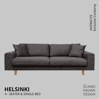 Divano 4 posti/letto singolo HELSINKI, Exclusive Corduroy, Antracite, sfoderabile e lavabile