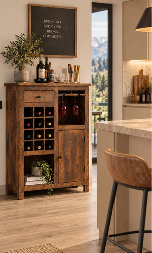 Credenza Bar Portabottiglie in Legno di Mango Artigianale – 80 × 41 × H121 cm