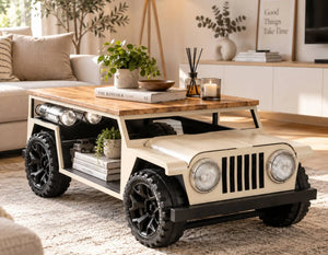 Tavolino Jeep Rubicon in ferro e legno di mango – 109 × 61 × H 46 cm