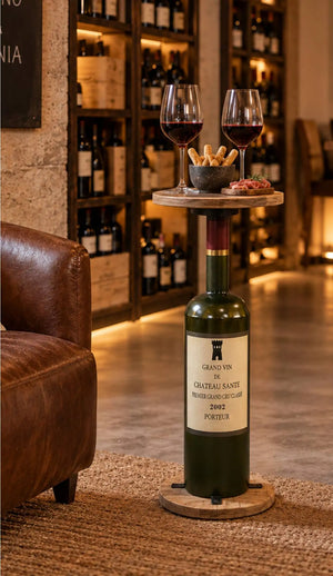 Tavolino Bottiglia Artigianale in Legno di Mango e Ferro – Ø32 × H72 cm