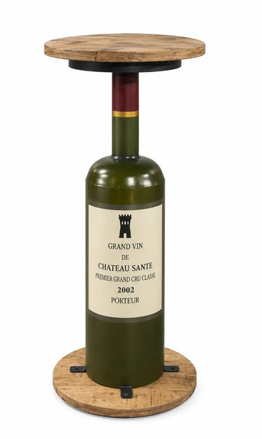 Tavolino Bottiglia Artigianale in Legno di Mango e Ferro – Ø32 × H72 cm