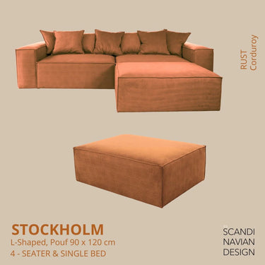 Divano a L/letto singolo con pouf Stockholm Corduroy  fodera sfoderabile e lavabile