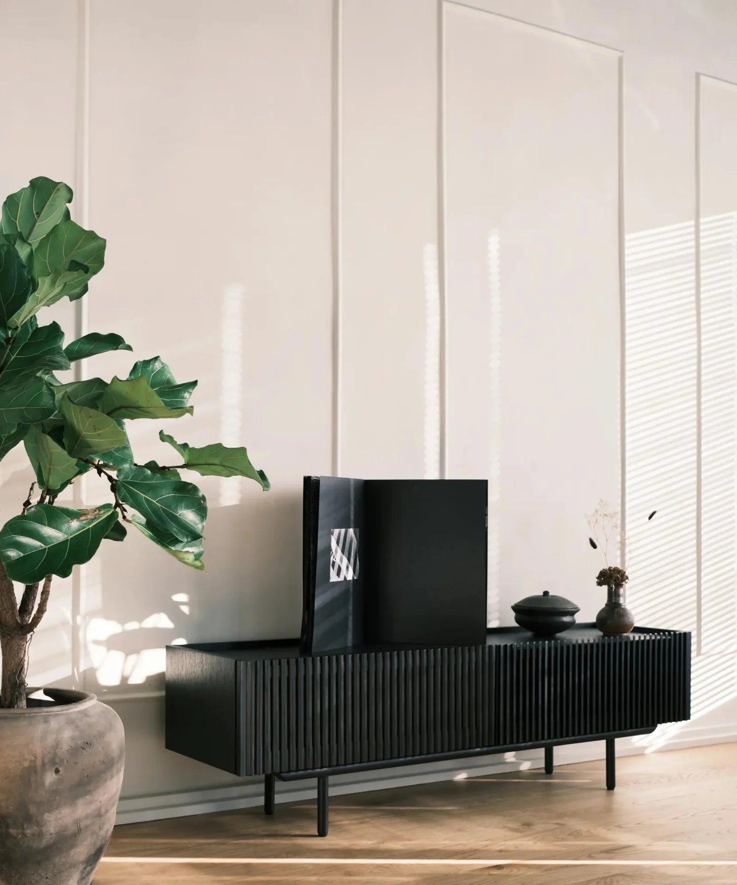TV cabinet with Louvre black oak slats 