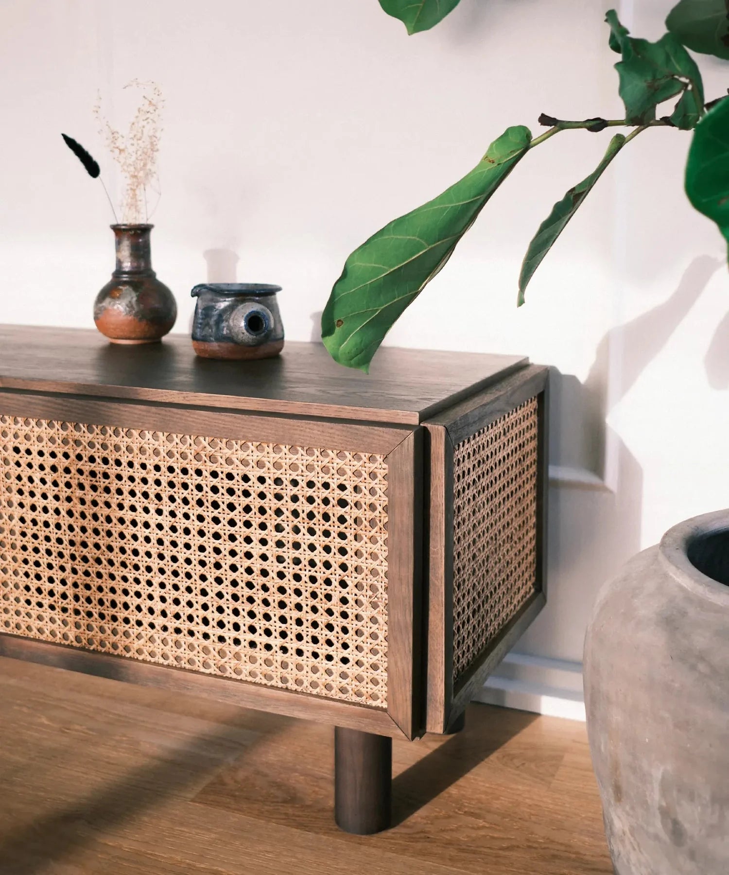 French rattan TV cabinet in smoked oak or black 